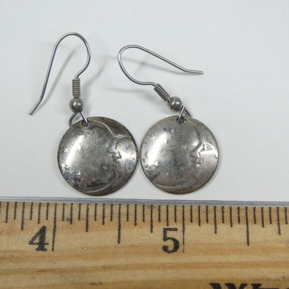 Crescent Moon & Stars Round Disc Earrings Vintage Silver Celestial - Picture 4 of 7